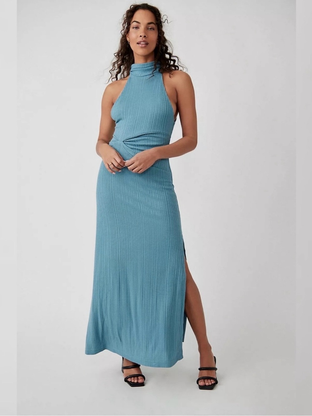 Free People Athea Sleeveless Ribbed Maxi Dress in Blue Size Large